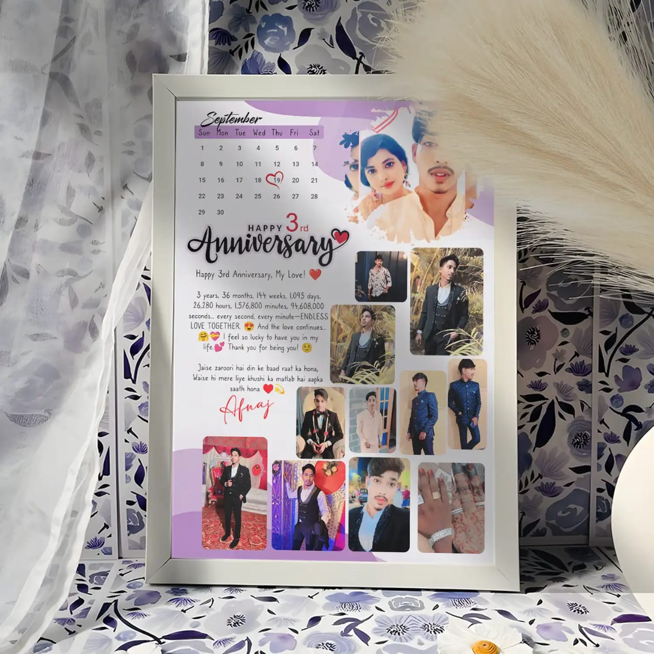 💖 Customized Anniversary Calendar Frame – 3rd Year Celebration Gift